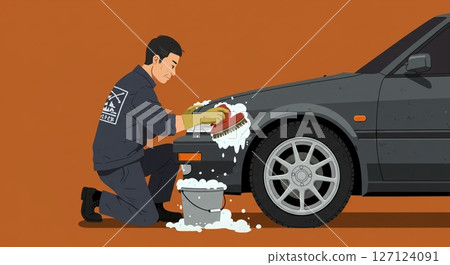 從腳開始閃耀！一位男士正在拋光輪胎和輪轂 127124091