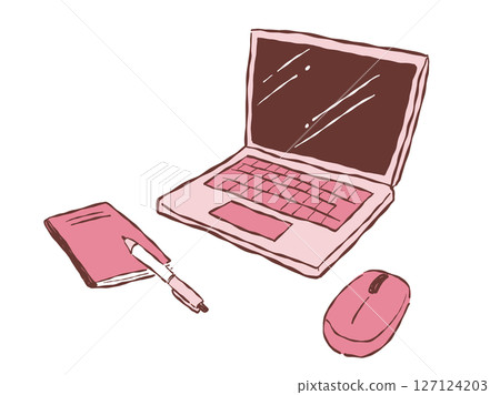 Hand-drawn illustration of a workspace image with a laptop, mouse and writing utensils (pink) Hand-drawn illustration of a workspace image with a laptop, mouse and writing utensils (pink) 127124203