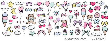 A vector illustration set of hand-drawn cute bears and balloons. Dreamy, heart, ribbon, doodle 127124246