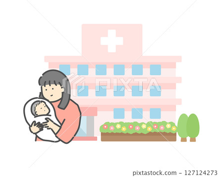 母親和嬰兒被抱著婦產科大樓插圖 127124273