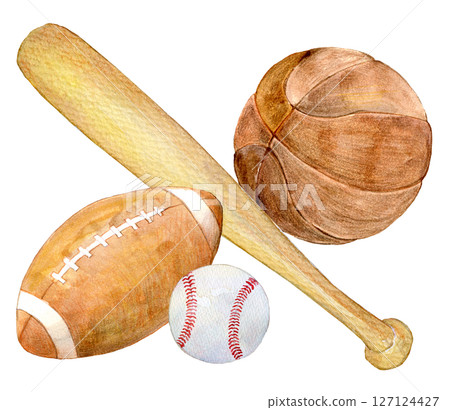 Watercolor illustration: Set of sports equipment 127124427