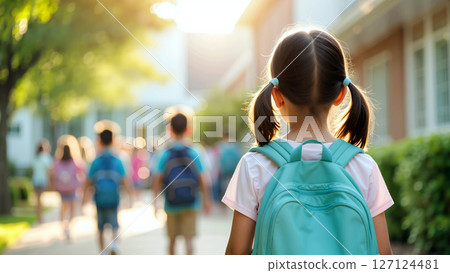 Children Heading Home From School in the Afternoon Light With Backpacks in a Pleasant Neighborhood 127124481