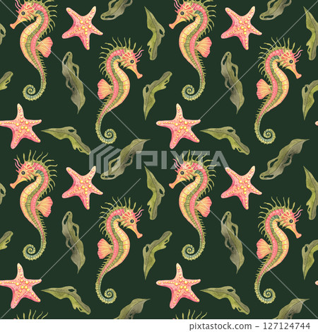 Deep moss-green background hosts lime seahorses, dotted coral starfish, and leafy kelp in this dark-themed watercolor clipart seamless pattern, perfect for bold gift wrap and fashion fabric 127124744