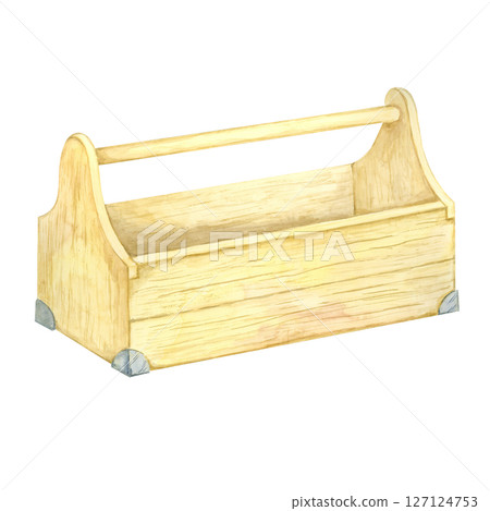 Side view of a yellow wooden toolbox with soft gray metal accents in a watercolor illustration. Can be used in hardware store ads, builder promo materials, or handyman service brochures Side view of a yellow wooden toolbox with soft gray metal accents in a watercolor illustration. Can be used in hardware store ads, builder promo materials, or handyman service brochures 127124753