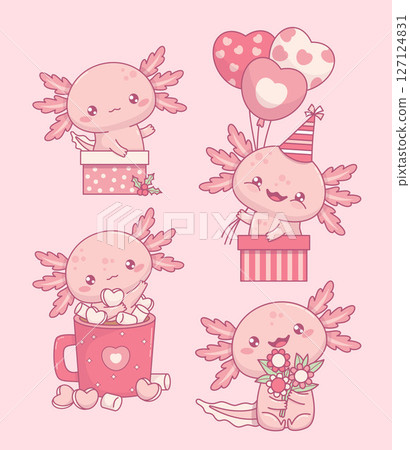 Pink Axolotl. Cute little cartoon kawaii character. Joyful birthday boy in gift box with balloons, bouquet flowers and in cup Hot Cocoa with Marshmallow. Isolated Vector illustration. Kids collection. 127124831