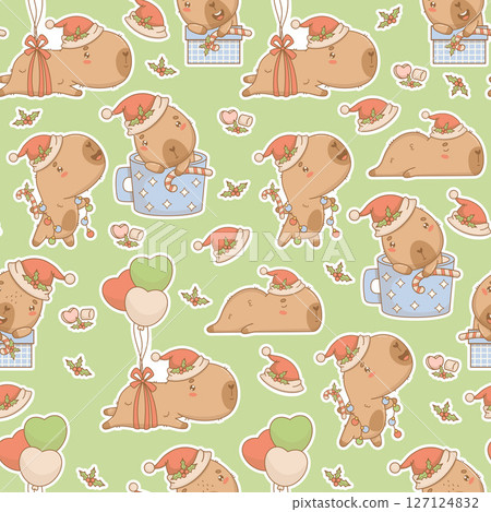 Seamless pattern with cutie Christmas Capybara on green background. New Year Funny cartoon kawaii character template packaging. Vector illustration. Kids holiday collection. 127124832