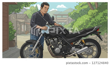 Make your beloved bike sparkle! A man's smile as he enjoys polishing his bike 127124840