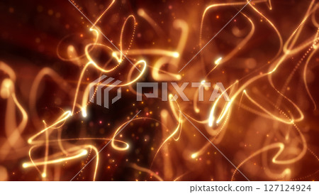 Abstract golden light trails swirling in a dynamic and glowing motion on a dark background 127124924