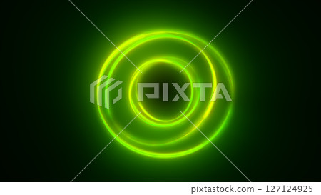 Green glowing twin-ring vortex on black background, representing flow of energy, data, or sci-fi concept Green glowing twin-ring vortex on black background, representing flow of energy, data, or sci-fi concept 127124925