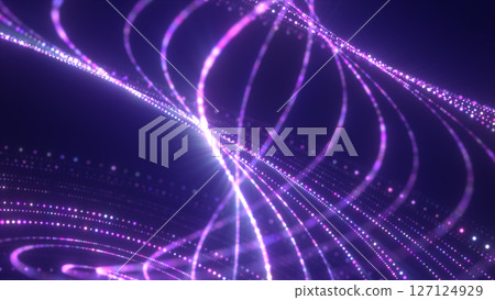 Flowing purple light trails in a futuristic digital wave pattern on a dark background 127124929