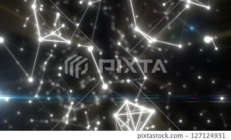 Glowing white network of digital lines and nodes over a dark background with sci-fi lighting and depth Glowing white network of digital lines and nodes over a dark background with sci-fi lighting and depth 127124931