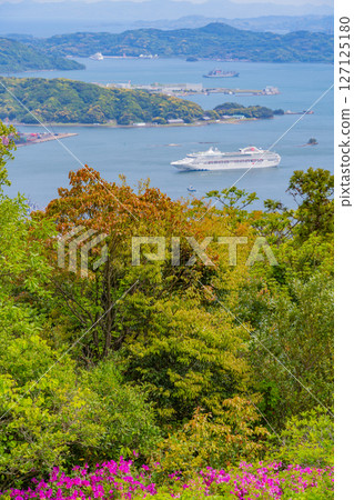（長崎縣）從弓張岳展望台眺望豪華遊輪「DREAM號」抵達佐世保港 127125180