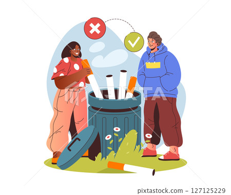 Couple throw cigarettes at trash can. Vector stop smoking poster or quit smoke sign. Placard for nicotine addiction awareness and lung health. Respiratory safety and tobacco prevention or disposal. Couple throw cigarettes at trash can. Vector stop smoking poster or quit smoke sign. Placard for nicotine addiction awareness and lung health. Respiratory safety and tobacco prevention or disposal. 127125229