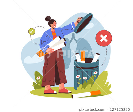 Quit smoking or stop tobacco smoke poster. Vector woman throw cigarette filter in trash can. Bad habit danger or prevention sign. Lung health care and disease awareness. Detox and respiratory recovery 127125230