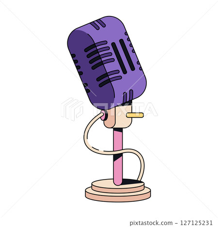 Retro microphone icon. Vector audio recording device. Talk show and interview analog vintage accessory. Radio broadcast and classic media communication item. Sound record or performance. 90s symbol. 127125231