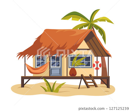 Vector beach house or tropical hut. Wooden bungalow with palm tree, hammock. Cabana or summerhouse on coastal island, shack or shelter. Sea and ocean, water holiday. Shore architecture symbol. 127125239
