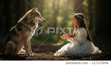 A scene of a girl who looks like a fairy tale heroine talking to a wolf in the woods 127125696
