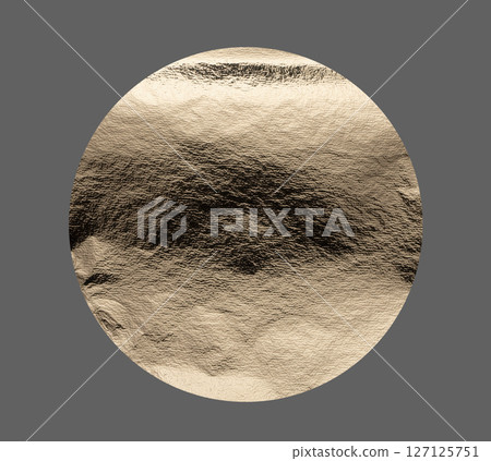 Golden foil texture with a shiny, metallic finish, featuring a circular, sleek shape. Wrinkled, 127125751