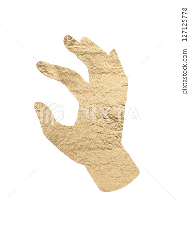 Hand gripping a piece of gold foil with two fingers, showcasing a golden metallic texture. Grasping Hand gripping a piece of gold foil with two fingers, showcasing a golden metallic texture. Grasping 127125778