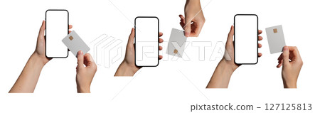 Hand holding a smartphone displaying a bank card, representing payment and financial transactions. Hand holding a smartphone displaying a bank card, representing payment and financial transactions. 127125813