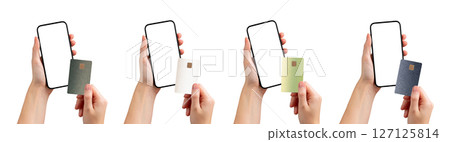 Hand holding a smartphone with a bank app for cashless payment, displaying a credit card for online Hand holding a smartphone with a bank app for cashless payment, displaying a credit card for online 127125814