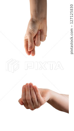 Hand open, palm facing up, asking for help or donation. Nonverbal gesture of charity, offering 127125830