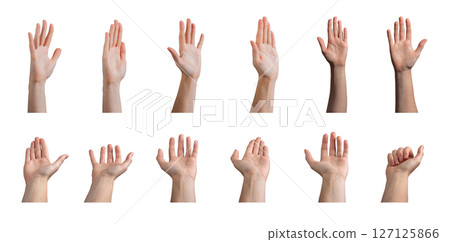 Hand raised in a wave, inviting gesture with fingers outstretched, signaling attention and 127125866