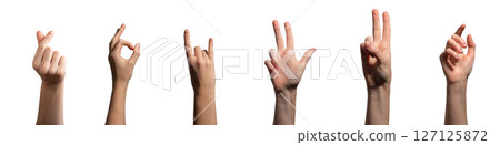 Hand raised with fingers making a heart shape, peace, ok, tapping. Gesture of communication and 127125872