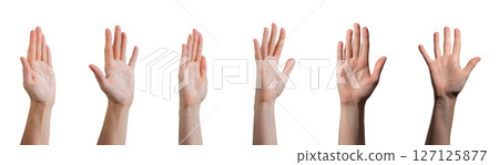 Hand raised with open palm in a greeting or stop gesture, fingers outstretched. Sign of 127125877