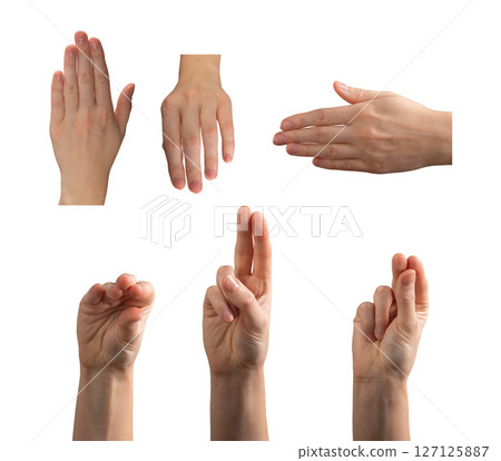 Hand with fingers crossed, symbolizing prayer or spiritual expression. Neat, clean nails and soft Hand with fingers crossed, symbolizing prayer or spiritual expression. Neat, clean nails and soft 127125887