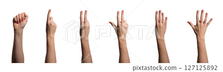 Hand with fingers raised, displaying the numbers one through five in a counting gesture. Clean, Hand with fingers raised, displaying the numbers one through five in a counting gesture. Clean, 127125892