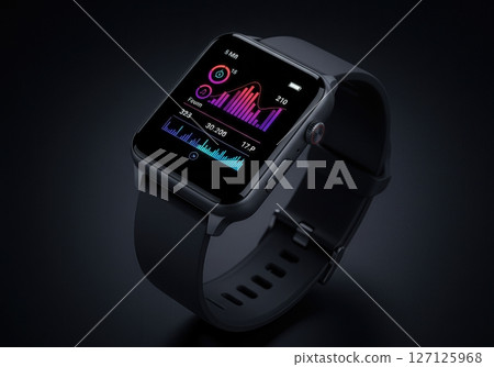 Modern black smartwatch displaying colorful fitness data visualization charts and health metrics on dark background with silicone sport band 127125968
