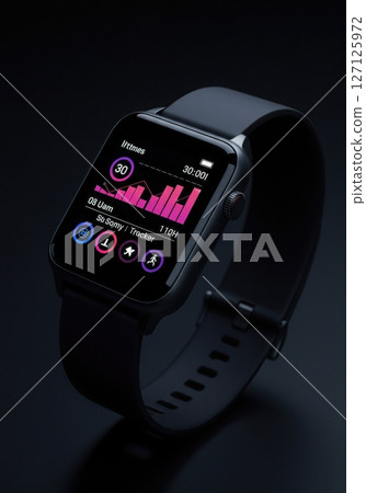 Modern black smartwatch displaying colorful fitness data visualization charts and health metrics on dark background with silicone sport band 127125972