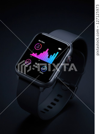 Modern black smartwatch displaying colorful fitness data visualization charts and health metrics on dark background with silicone sport band Modern black smartwatch displaying colorful fitness data visualization charts and health metrics on dark background with silicone sport band 127125973
