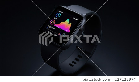 Modern black smartwatch displaying colorful fitness data visualization charts and health metrics on dark background with silicone sport band 127125974