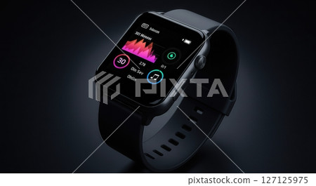 Modern black smartwatch displaying colorful fitness data visualization charts and health metrics on dark background with silicone sport band 127125975