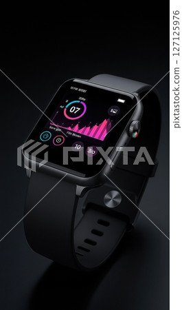 Modern black smartwatch displaying colorful fitness data visualization charts and health metrics on dark background with silicone sport band 127125976