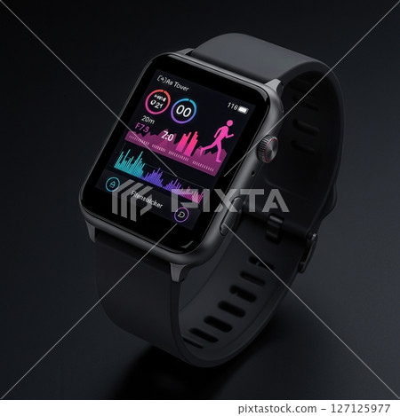 Modern black smartwatch displaying colorful fitness data visualization charts and health metrics on dark background with silicone sport band 127125977