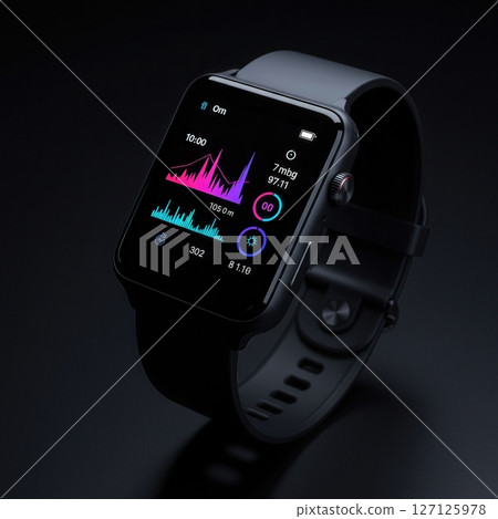 Modern black smartwatch displaying colorful fitness data visualization charts and health metrics on dark background with silicone sport band 127125978