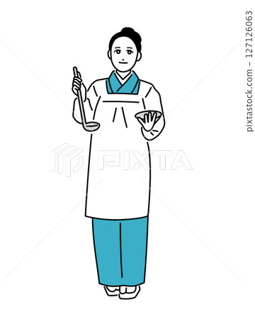 Illustration of a female proprietress of a small restaurant wearing an apron 127126063