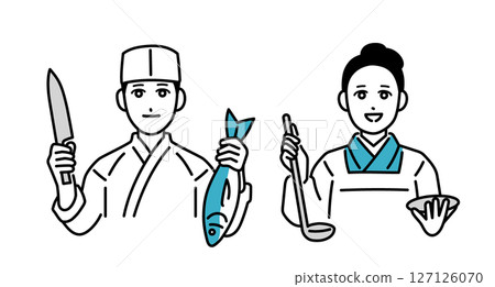 Avatar set of male and female Japanese chefs Avatar set of male and female Japanese chefs 127126070