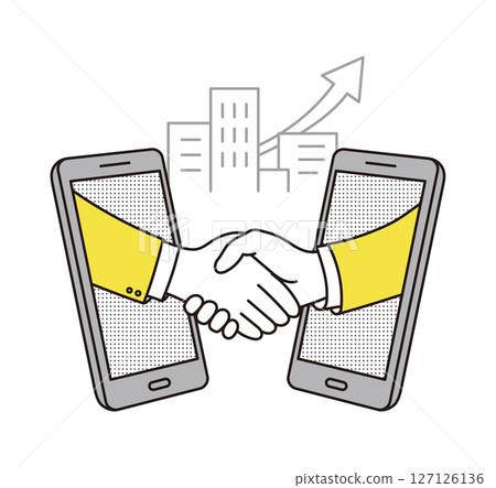 Illustration of a hand coming out of a smartphone and shaking hands Illustration of a hand coming out of a smartphone and shaking hands 127126136