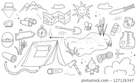Hand drawn camping and hiking set 127126347