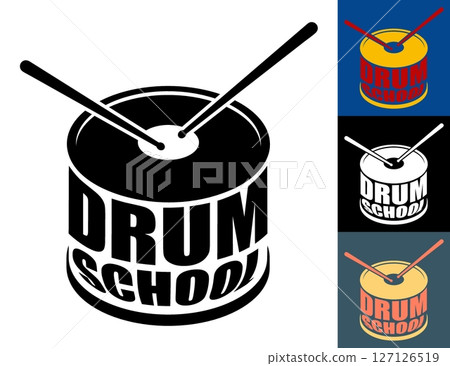 Isometric emblem of musical drum school. Percussion musical instrument. Drum with drumsticks musical sign. Simple top view vector 127126519