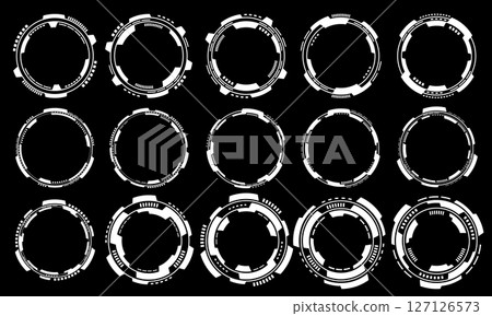 Set of sci fi white circle user interface elements technology futuristic design modern creative on black background vector Set of sci fi white circle user interface elements technology futuristic design modern creative on black background vector 127126573