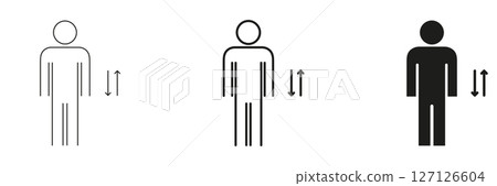 Person With Up And Down Arrows Icon Set. Height Measurement, Growth Tracking, And Size Adjustment Symbol Collection. Human Figure With Directional Indicators. Isolated Vector Illustration 127126604