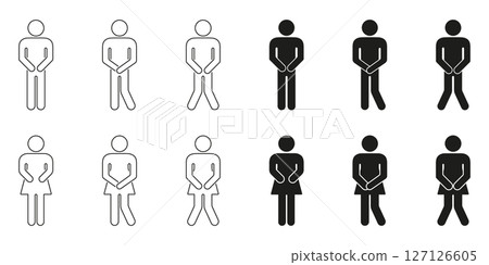 Male And Female Restroom Urgency Icon Set. Bathroom Emergency And Urinary Urgency Outline And Silhouette Symbol Collection. Gender-Specific Restroom Signage. Isolated Vector Illustration 127126605