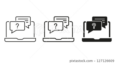 Laptop With Chat Bubbles And Question Mark Icon Set. Online Support, Customer Service, And Inquiry Communication Symbol Collection. Digital Assistance And Help Desk. Isolated Vector Illustration Laptop With Chat Bubbles And Question Mark Icon Set. Online Support, Customer Service, And Inquiry Communication Symbol Collection. Digital Assistance And Help Desk. Isolated Vector Illustration 127126609