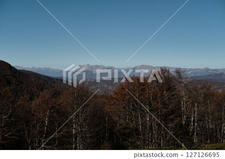 Panoramic view of autumn forest and distant rocky peaks in the Komovi mountains, Montenegro. Clear sky and earthy colors define this peaceful fall landscape Panoramic view of autumn forest and distant rocky peaks in the Komovi mountains, Montenegro. Clear sky and earthy colors define this peaceful fall landscape 127126695