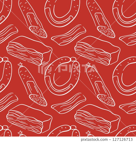 Seamless pattern for salami day holiday with sausage, bacon in line art style on red background. Perfect for food packaging, kitchen wallpaper or butcher shop wrapping paper. Seamless pattern for salami day holiday with sausage, bacon in line art style on red background. Perfect for food packaging, kitchen wallpaper or butcher shop wrapping paper. 127126713